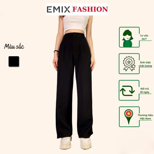 Quần tây nữ cơ bản EMIX (màu đen), dáng suông, ống rộng, dài 100cm, khóa trước, cạp cao, chất tuyết mưa mềm mịn 3100