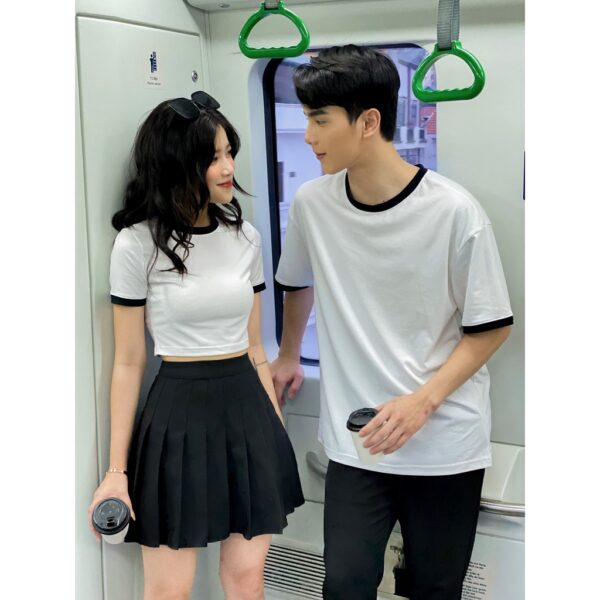 Set áo phông đôi trơn nam nữ LYRA thiết kế, chất cotton trơn basic viền đen unisex trẻ trung, năng động-LWBAP035 - Hình ảnh 2