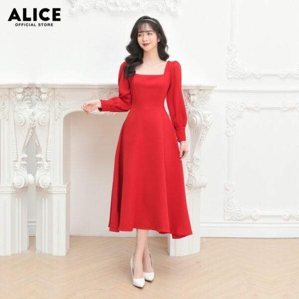 Váy Cổ Vuông Tay Dài Nữ ALICE Dáng Xòe Rộng Thắt Eo Tay Dài Bồng Bo Tay Thanh Lịch Cho Nữ Đi Dự Tiệc V657 - Hình ảnh 2