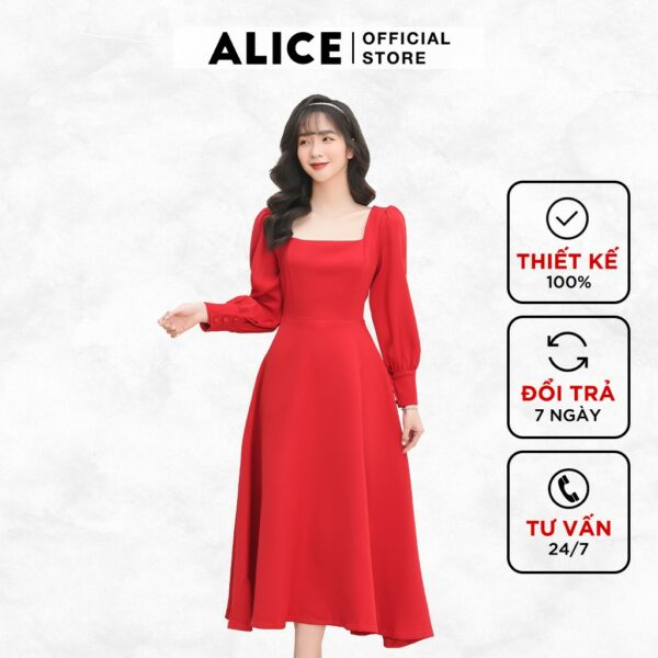 Váy Cổ Vuông Tay Dài Nữ ALICE Dáng Xòe Rộng Thắt Eo Tay Dài Bồng Bo Tay Thanh Lịch Cho Nữ Đi Dự Tiệc V657