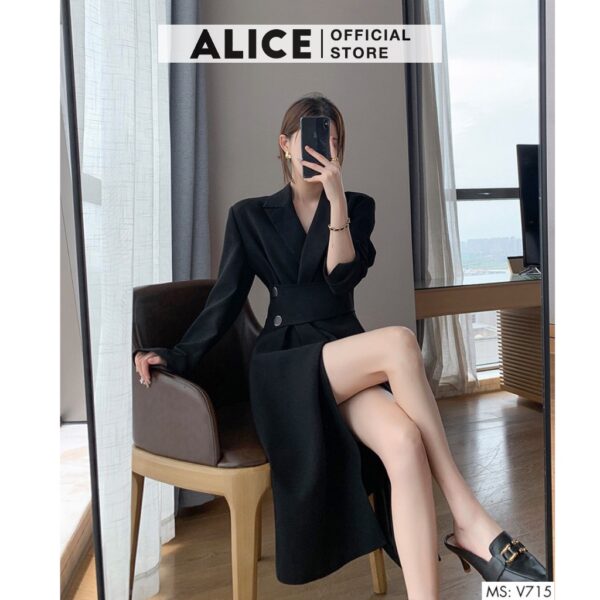 Váy Công Sở Dáng Dài Cổ Vest ALICE V715, Váy Thiết Kế Đai Eo Tôn Dáng Cho Mùa Thu Đông - Hình ảnh 5