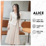 Váy Công Sở Xếp Ly Cổ Vest ALICE V713, Thiết Kế Tôn Dáng Váy Xếp Ly Sang Xịn Mịn