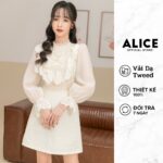 Váy Dạ Tweed Dáng Xòe ALICE Có Lót Quần Chất Vải Dày Dặn Ấm Áp Thiết Kế Dài Tay Cổ Phối Ren Sang Trọng Thanh Lịch V742