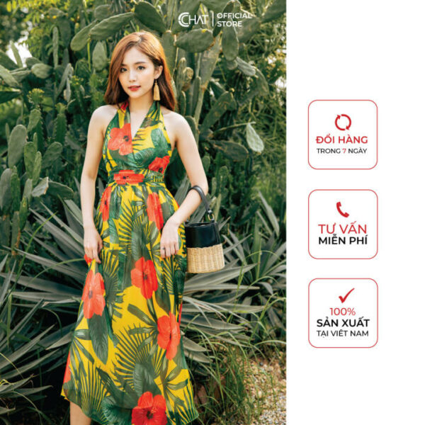 Váy họa tiết maxi cổ tim eo nhún CChat Clothes 11VHV0019XT