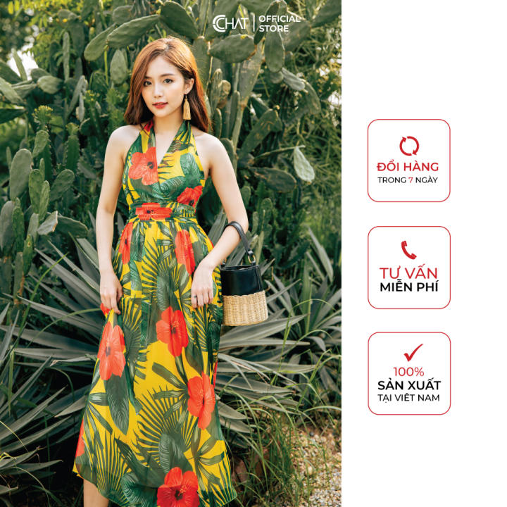 Váy họa tiết maxi cổ tim eo nhún CChat Clothes 11VHV0019XT