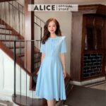 Váy Nữ Công Sở Dẹp ALICE Thiết Kế Dáng Xòe Tay Ngằn Bèo Vai Phối Nơ Ngực Cúc Bọc V274