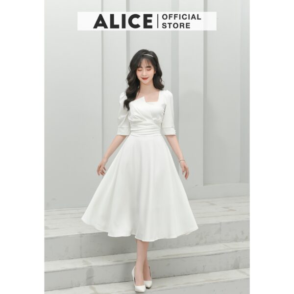 Váy Nữ Xếp Ly Cổ Vuông ALICE Thiết Kế Dáng Dài Xòe Tay Lỡ Thắt Eo Cho Nữ Đi Chơi, Đi Dự Tiệc V677 - Hình ảnh 3