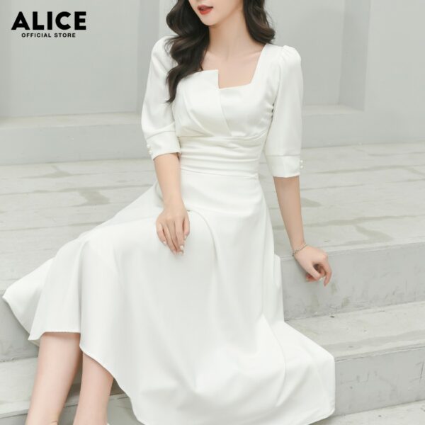 Váy Nữ Xếp Ly Cổ Vuông ALICE Thiết Kế Dáng Dài Xòe Tay Lỡ Thắt Eo Cho Nữ Đi Chơi, Đi Dự Tiệc V677 - Hình ảnh 4