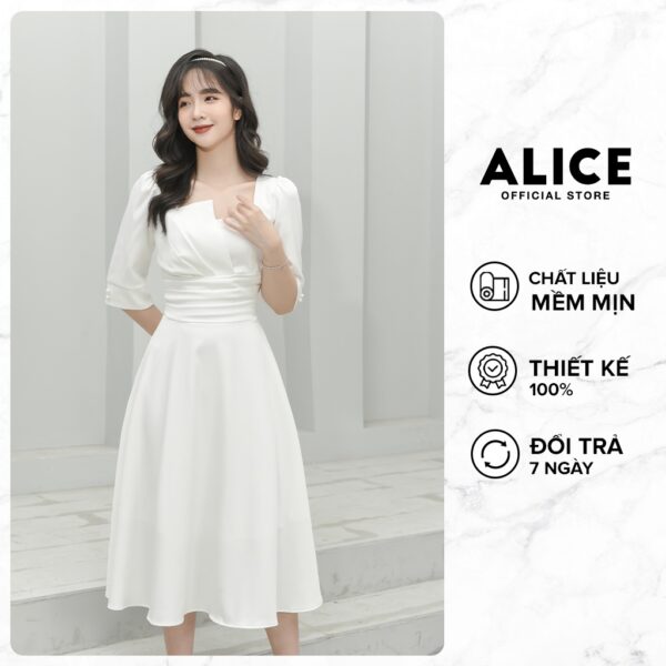 Váy Nữ Xếp Ly Cổ Vuông ALICE Thiết Kế Dáng Dài Xòe Tay Lỡ Thắt Eo Cho Nữ Đi Chơi, Đi Dự Tiệc V677