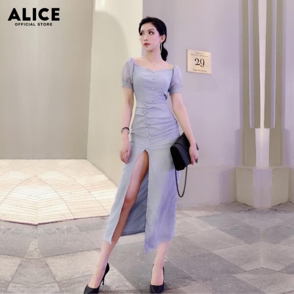 Váy Thiết Kế Cổ Vuông ALICE Dáng Ôm Body Chất Liệu Tơ Xước Xẻ Đùi Cúc Bọc V215 - Hình ảnh 4