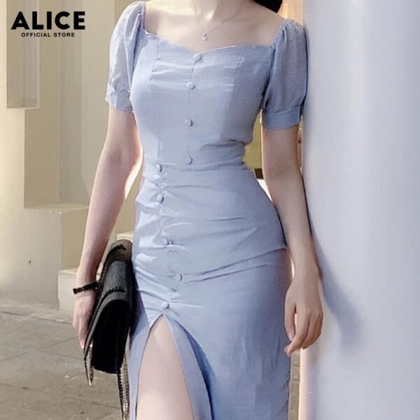 Váy Thiết Kế Cổ Vuông ALICE Dáng Ôm Body Chất Liệu Tơ Xước Xẻ Đùi Cúc Bọc V215 - Hình ảnh 6