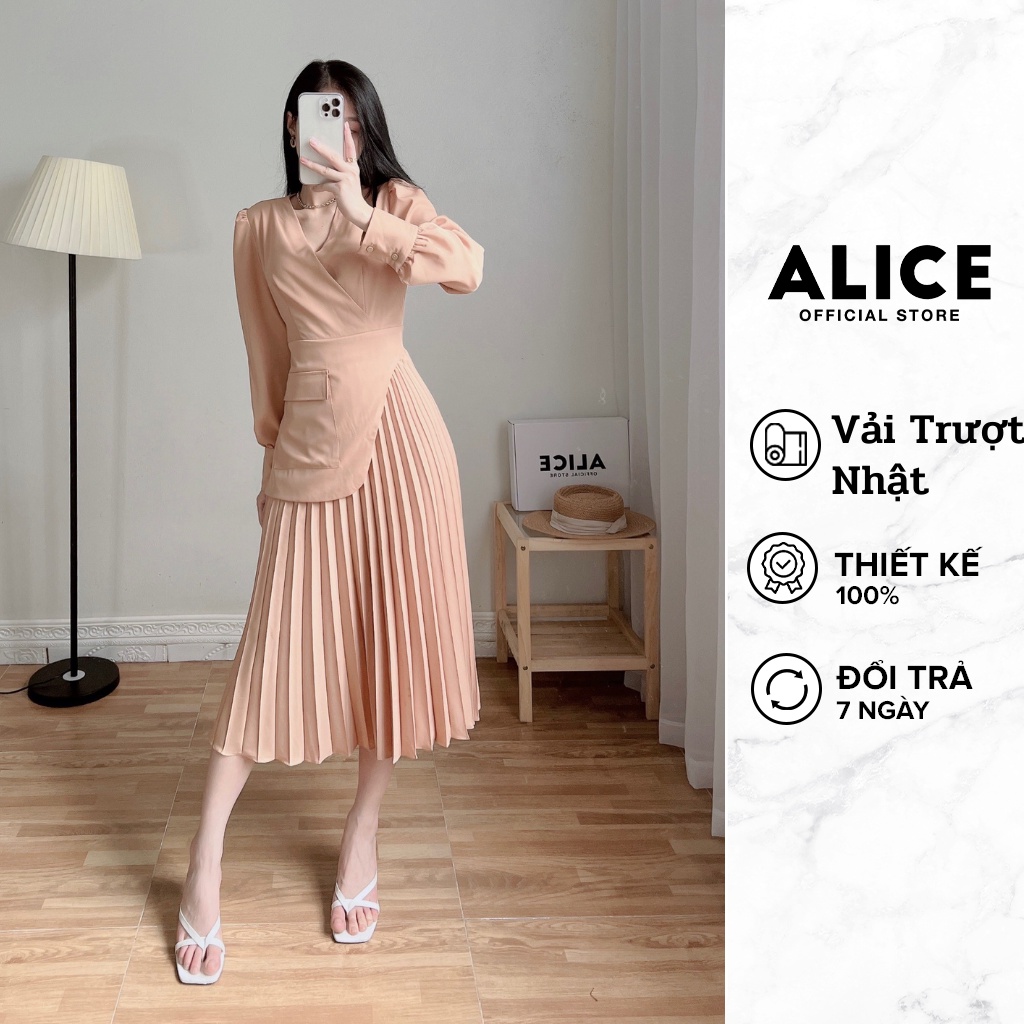 Váy Xếp Ly Dài Tay ALICE Chất Vải Trượt Nhật Mềm Mịn Thiết Kế Cổ V Dập Li Sang Trọng V740