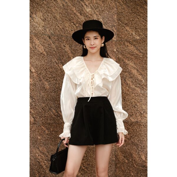 XIPI - Áo Cổ Phối Bèo Tay Phồng Màu Da - Ảnh 5