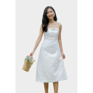XIPI - Đầm Dây Trắng Phối Ren Nút Bọc Sườn