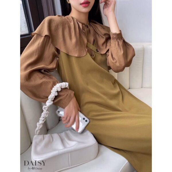 Yếm váy, Yếm DAISY dáng suông chất đũi Hàn mềm mại kèm áo sơ mi cổ bèo lên form cực xinh, cực kì bánh bèo KW5122 - Hình ảnh 3