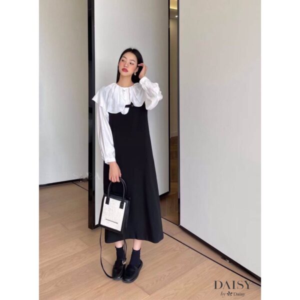 Yếm váy, Yếm DAISY dáng suông chất đũi Hàn mềm mại kèm áo sơ mi cổ bèo lên form cực xinh, cực kì bánh bèo KW5122 - Hình ảnh 4