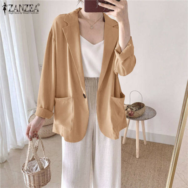 ZANZEA Áo Blazer Có Khuy Trơn Dài Tay Phong Cách Hàn Quốc Cho Nữ Áo Khoác OL Thường Ngày