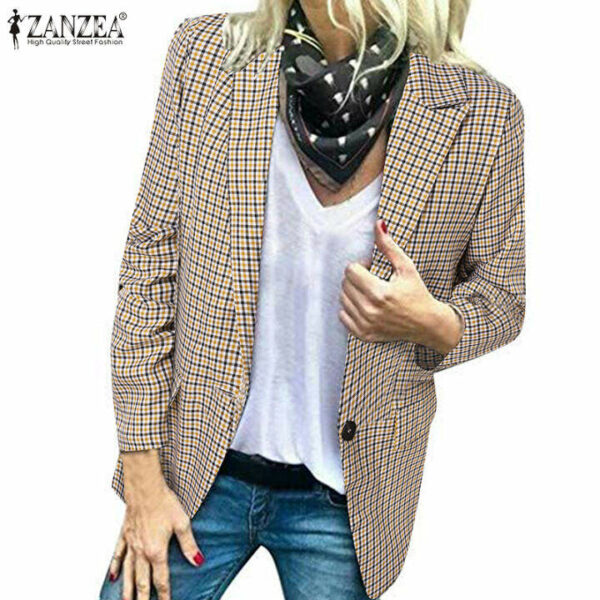 ZANZEA Áo Blazer Công Sở Cho Nữ Áo Khoác Cổ Điển Dài Tay Kẻ Sọc Áo Khoác Ngoài