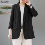 ZANZEA Áo Blazer Cotton Nguyên Chất Dáng Rộng Thường Ngày Cho Nữ Áo Khoác Ngoài Dài Tay Có Túi Màu Trơn