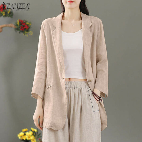 ZANZEA Áo Blazer Trơn Dài Tay Thường Ngày Cho Nữ Áo Khoác Ngoài Dáng Rộng Thuần Cotton