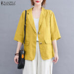 ZANZEA Áo Blazer Trơn Tay Thường Ngày Mùa Hè 3/4 Cho Nữ Áo Khoác Ngoài Cotton Có Cúc