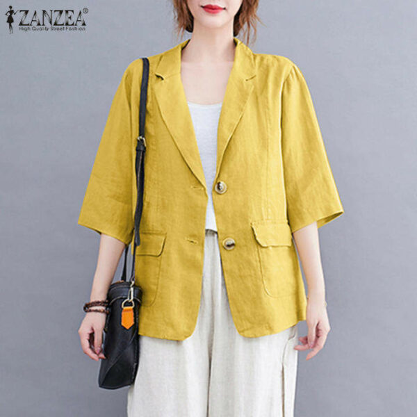 ZANZEA Áo Blazer Trơn Tay Thường Ngày Mùa Hè 3/4 Cho Nữ Áo Khoác Ngoài Cotton Có Cúc