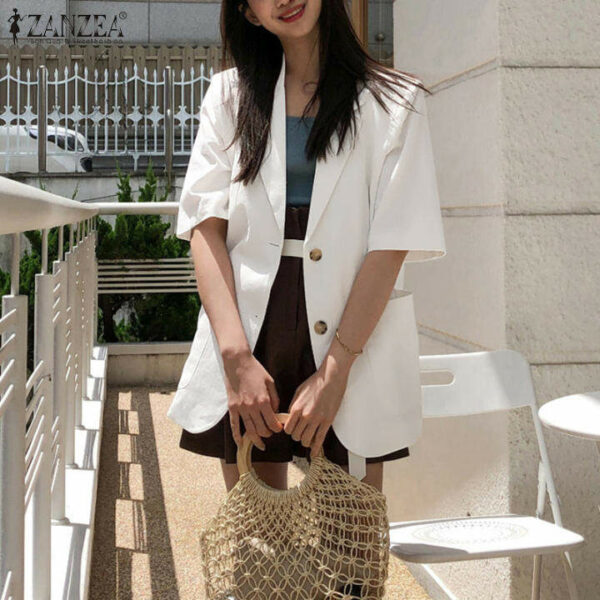 ZANZEA Áo Khoác Blazer Màu Trơn Mùa Hè Cho Nữ Phong Cách Hàn Quốc Áo Khoác Mặc Ngoài Áo Vest Cài Khuy Tay Lửng