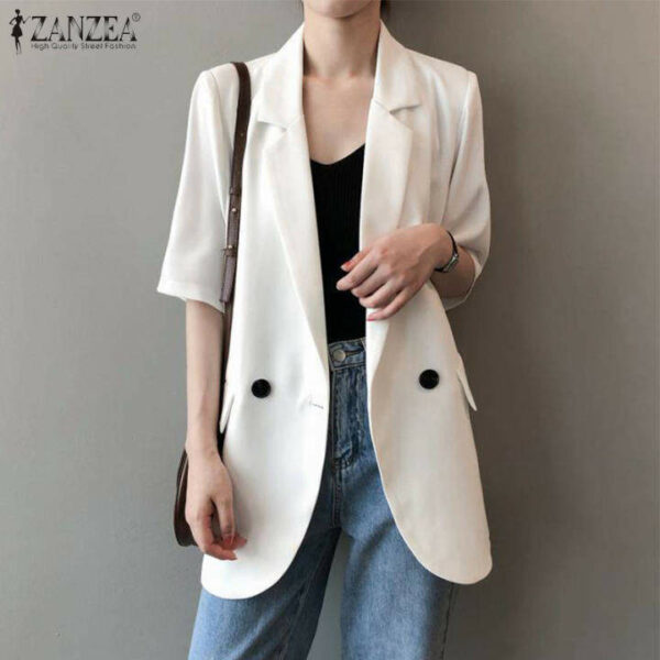 ZANZEA Bộ Com Lê Áo Blazer Màu Trơn Mùa Hè Phong Cách Hàn Quốc Cho Nữ, Áo Choàng Cardigan Ve Áo Áo Khoác Có Cúc