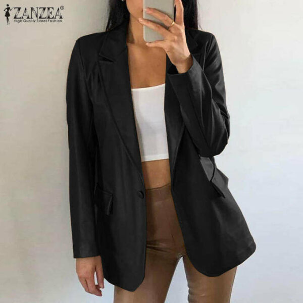 ZANZEA Bộ Com Lê Dài Tay Giả Da Cho Nữ Áo Blazer Trang Phục Trơn Có Nút Công Sở