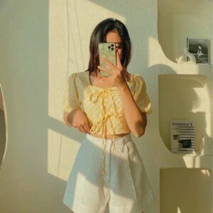 Áo croptop kiểu nữ tay ngắn thiết kế in hoa Smiley Top LUCETFASHION