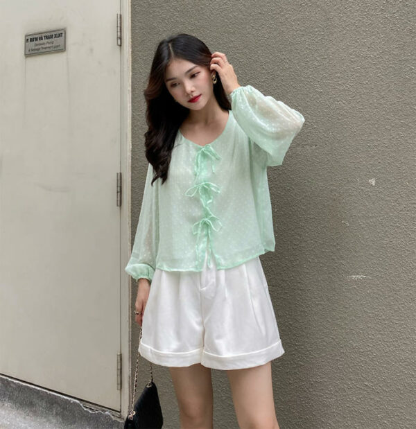 Áo kiểu nữ bánh bèo, voan tay phồng Nina Top LUCETFASHION, áo kiểu nữ dễ thương