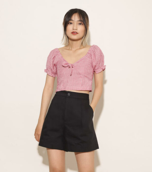 Áo kiểu nữ ngắn tay cúp ngực thời trang GAGO checked pink short sleeve blouse màu hồng GA3270
