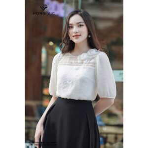 Áo kiểu nữ thiết kế Hongvic tơ trắng phối ren SM239