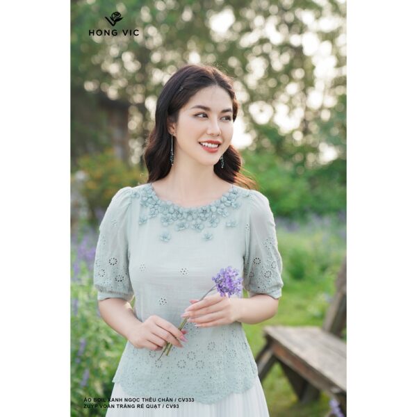 Áo nữ thiết kế Hong Vic boil xanh ngọc thêu chân SM333 - Hình ảnh 3