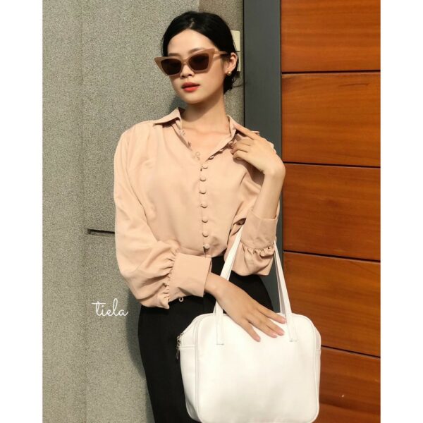 Áo sơ mi công sở nữ đẹp kiểu Hàn Quốc Form rộng tay dài nút vải chất lụa cao cấp màu TRẮNG HỒNG XANH BE - TIELA - Hình ảnh 4