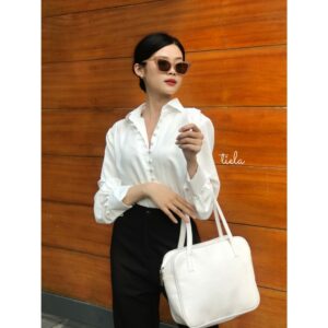 Áo sơ mi công sở nữ đẹp kiểu Hàn Quốc Form rộng tay dài nút vải chất lụa cao cấp màu TRẮNG HỒNG XANH BE - TIELA
