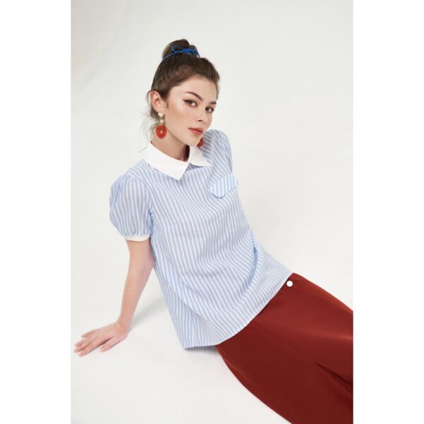 Áo sơ mi nữ basic thô sọc xanh phối cổ trắng tay bo 2AO2006 ADORE DRESS - Hình ảnh 4