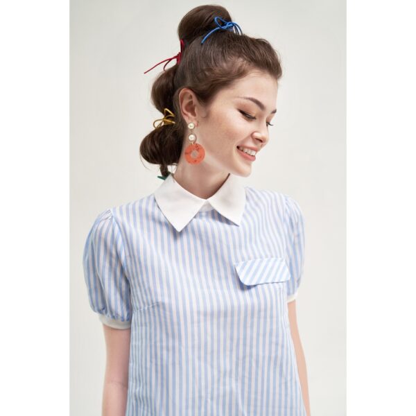Áo sơ mi nữ basic thô sọc xanh phối cổ trắng tay bo 2AO2006 ADORE DRESS - Hình ảnh 5
