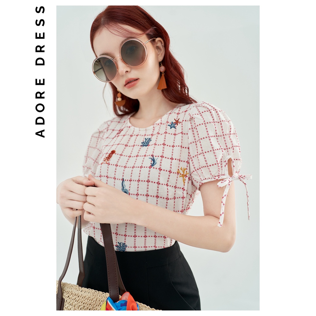 Áo sơ mi nữ thô kẻ karo đỏ thêu họa tiết biển 2AO2020 ADORE DRESS
