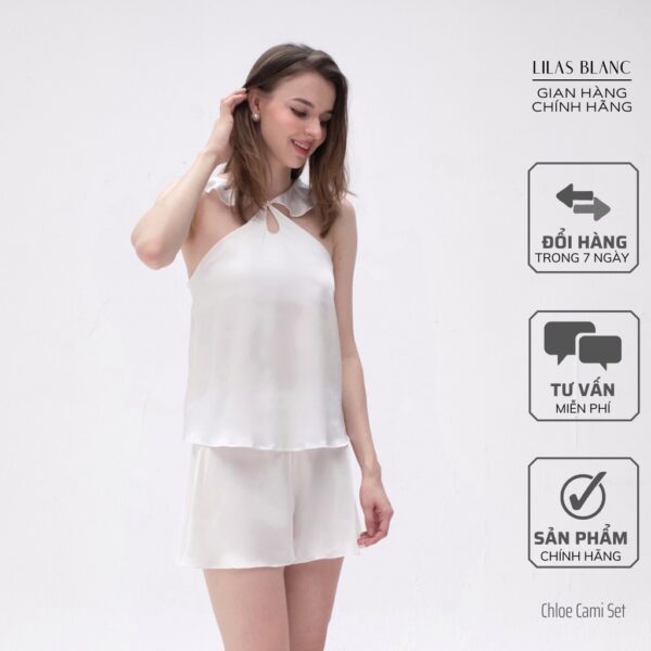 Bộ đồ lụa Pyjama Nữ 𝐋𝐈𝐋𝐀𝐒 𝐁𝐋𝐀𝐍𝐂 Chloe Cami Set Kiểu Dáng Hai Dây Cổ Yếm Cánh Tiên 2 màu Đen Trắng