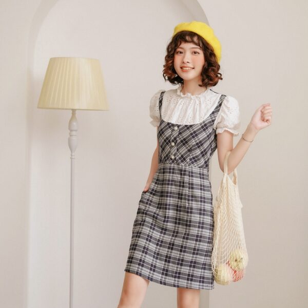 BLEUBIRD Váy caro phối vải cotton thêu dáng A REGINA DRESS - Hình ảnh 5