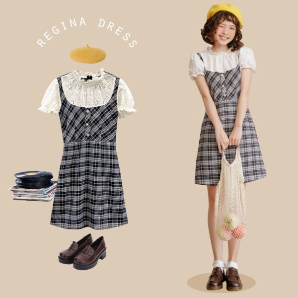 BLEUBIRD Váy caro phối vải cotton thêu dáng A REGINA DRESS