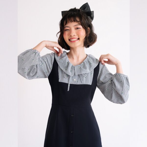 BLEUBIRD Váy đen phối tay caro hoa JANE DRESS - Hình ảnh 4