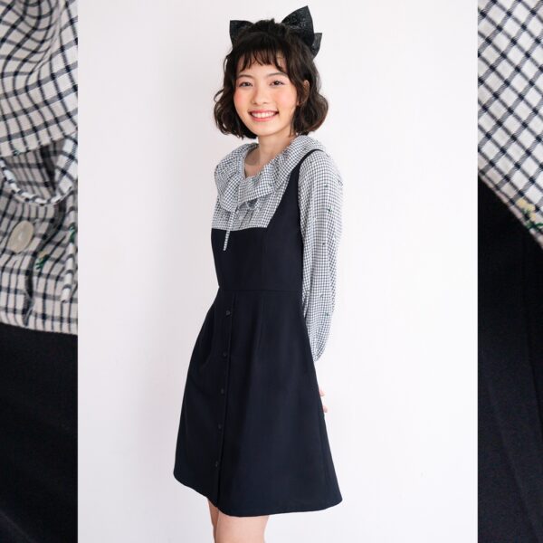 BLEUBIRD Váy đen phối tay caro hoa JANE DRESS