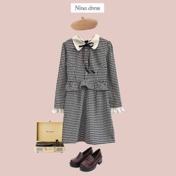 BLEUBIRD Váy liền vải tweed hoạ tiết caro houndstooth buộc nơ NINA DRESS - Hình ảnh 7
