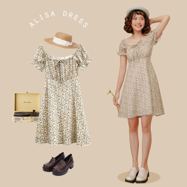 BLEUBIRD Váy vải sợi cotton hoa nhí dáng xoè rút dây ALISA DRESS