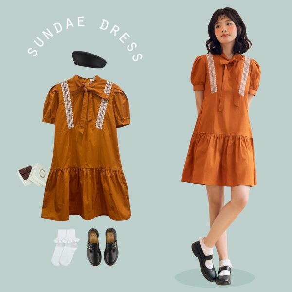 BLEUBIRD Váy vải thô dáng xoè cổ buộc nơ phối ren SUNDAE DRESS
