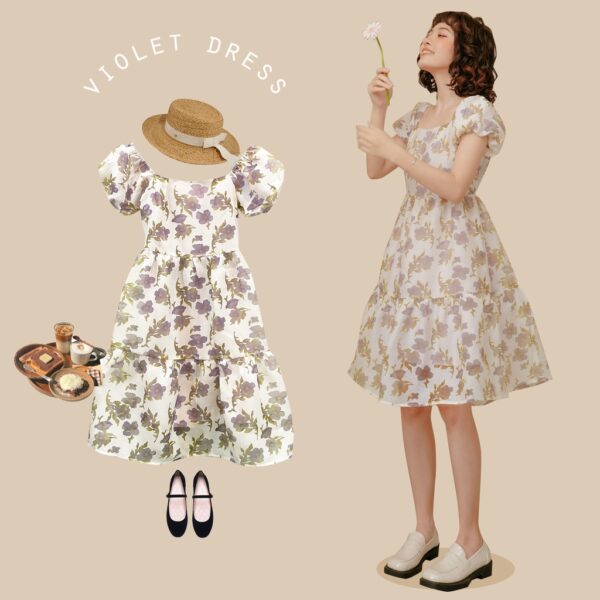 BLEUBIRD Váy voan organza in hoa nơ lưng dáng xoè VIOLET DRESS