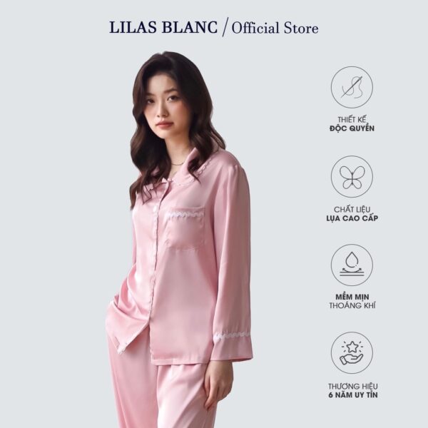 Đồ Bộ Pijama Nữ 𝐋𝐈𝐋𝐀𝐒 𝐁𝐋𝐀𝐍𝐂 Chất Liệu Lụa Cao Cấp Mềm Mại | Kiểu Dáng Dài Tay, Quần Dài | Màu Hồng Baby - Hình ảnh 2