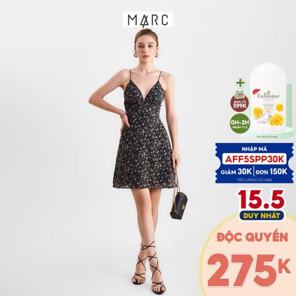 Đầm 2 dây nữ MARC FASHION mini họa tiết hoa cổ V FAVH0320